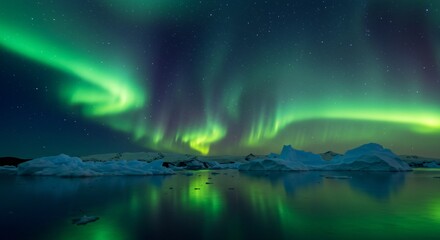 A serene arctic landscape with glowing icebergs and a shimmering aurora in the sky