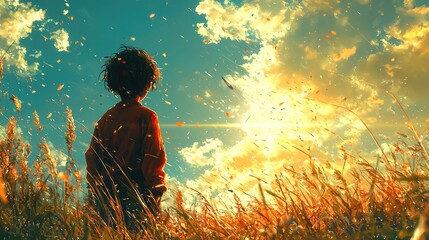  "Joyful Child Flying a Colorful Kite on a Windy Hilltop with Rolling Green Fields Below"