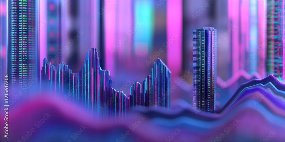 Poster abstract data visualization: stylized financial graphs and skyscrapers