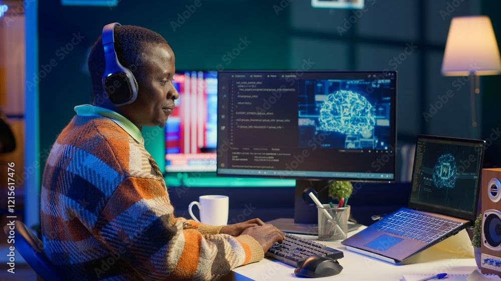 Poster african american worker at desk using personal computer for programming and data analysis. male netw