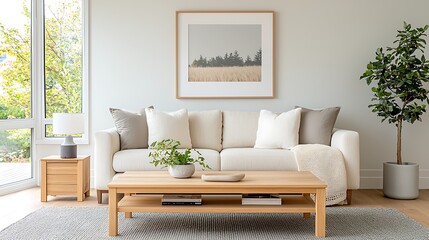 Living room interior Sofa, table, plant for family in a house with window view