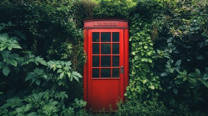 Fototapeta premium Secret Red Phone Booth Hidden in Lush Greenery