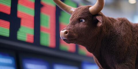 Brown Bull Statue Against Stock Ticker Display