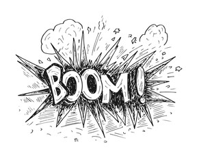Hand-drawn comic text sketch, rough drawing, explosion speech bubble with the word BOOM.