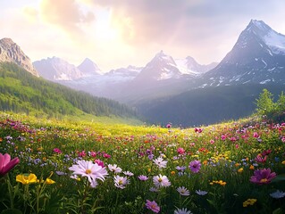Obraz premium A wide-angle shot of a flower-filled meadow nestled in a mountain valley, with flowers in full bloom.