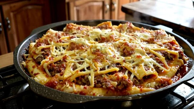 Freshly baked lasagna in skillet topped with cheese on kitchen stove with copy space