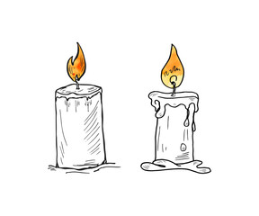 Hand-drawn two different shapes of burning candle cartoon doodle drawing vector.