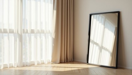 Sunlit room with sheer curtains, beige drapes, and a large, leaning mirror reflecting the light.