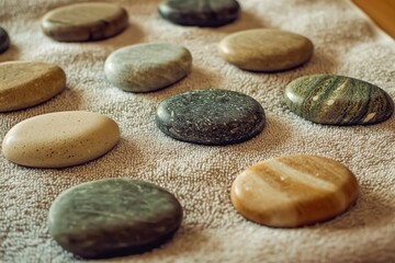 Smooth, warm stones arranged on a soft towel, ready for a relaxing spa treatment.  Experience the ultimate in tranquility.