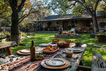 Obraz premium texas-themed bbq party, backyard adorned in ranch-style decor, chili and cornbread feast on the table, neighbors sharing tales of texas history