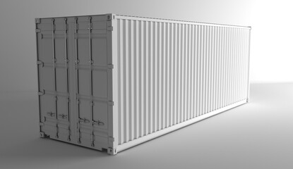Transport container. White container for transporting goods by sea. Cargo container isolated on white. Closed container with capacity data. Delivery, logistics, transportation. Cargo ship. 