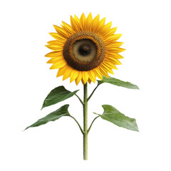 Obraz premium A vibrant sunflower with large yellow petals surrounding a dark, textured center, supported by a green stem and leaves, Transparent Background.