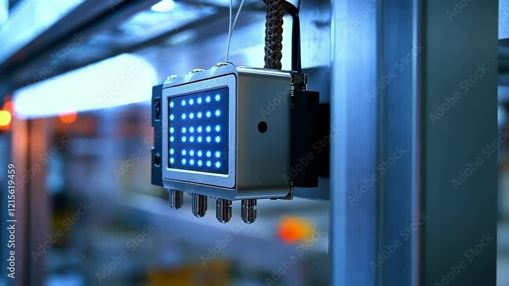 Poster futuristic device mounted on a metal structure, featuring glowing blue led indicators and sensors, a