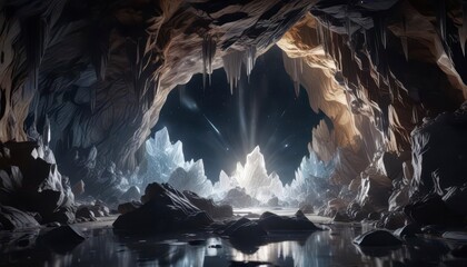 Celestial energy emanates from a shimmering crystal cave,  crystal,  shimmering, holographic