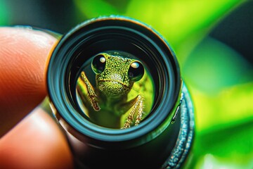 Close-up view of a tiny green frog peering through a camera lens.  Its large eyes and intricate details are strikingly visible.