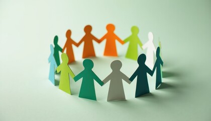 Fototapeta premium Colorful paper chain figures holding hands, symbolizing unity, teamwork, and community.