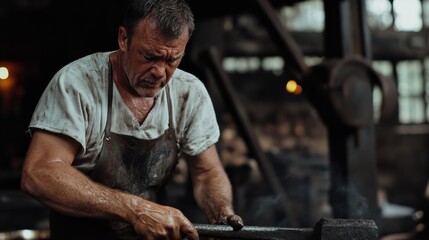 A blacksmith in a traditional setting focuses intensely on shaping metal, surrounded by the ambiance of heat and determination.