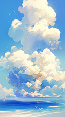 Fototapeta premium 鳥が行き交う美しい海のイラスト。1980年、1990年代の古く懐かしい日本のアニメをモチーフにしたイラスト。柔らかな水彩タッチで描いている。スマートフォン9:16のアスペクト比