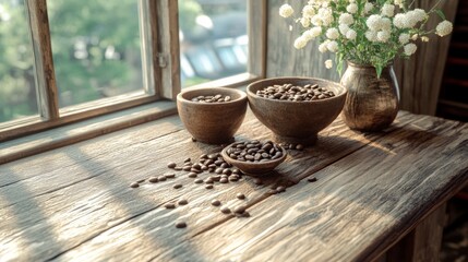 Sunlit coffee beans spill from wooden bowls, capturing the cozy, rustic essence of a peaceful morning moment by a window.