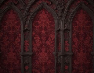 Dark crimson damask pattern with intricate floral motifs and gothic arches on a rich, velvety background,  mystic,  mysterious,  gothic