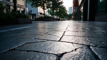 A close-up of cobblestone pavement reveals intricate patterns, highlighted by the soft morning light and flanked by empty city streets.