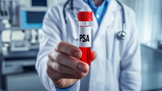 Doctor presenting psa test tube for prostate cancer screening in medical lab