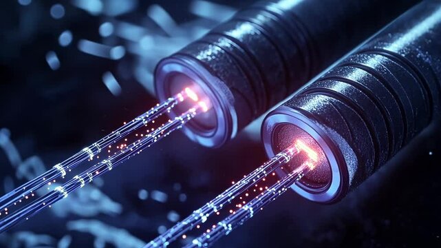 Two fiber optic cables are transferring data streams emitting glowing blue and pink lights in a futuristic server room, symbolizing high speed data transmission and advanced network infrastructure
