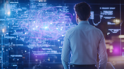 Man in Blue Shirt Interacting with Digital Whiteboard