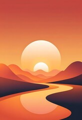 Serene Sunset Over Rolling Hills and River