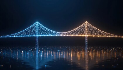 A glowing blue node structure forms a bridge over a reflective surface, creating a visually striking and futuristic scene. This image can be used for technology, architecture, or innovation themes