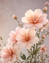 Delicate watercolor flowers in soft pink and peach hues,  pastel colors,  garden scene,