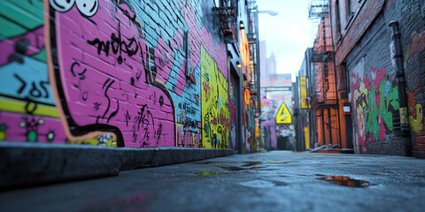 Obraz premium Graffiti-Covered Alleyway with Wet Pavement