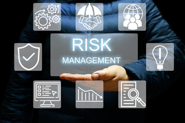 Woman entrepreneur holding icon Risk Management. Assessment of business and enterprise. Risk Manage...