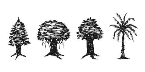 Set hand-drawn rough sketch silhouette of different kinds of tree vectors. © Muse Stock