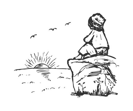 A person sitting on the rock, looking at the sunset or sunrise, sketch hand-drawn vector illustration art.