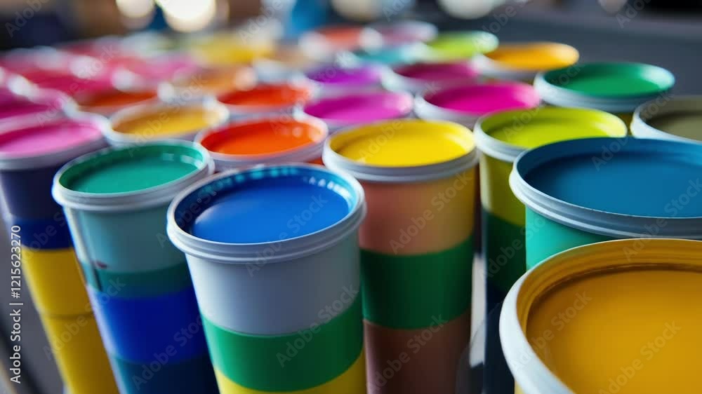 Poster many colorful paint cans are open and ready to be used in offset printing, creating a vibrant and co