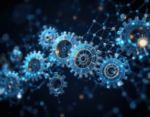 A network of interconnected blue glowing nodes and gears, symbolizing advanced technology and digital connectivity. Functions include representing concepts of automation, engineering, and futuristic t