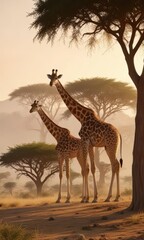 Giraffes gathered near acacia tree as day turns into evening,  acacia,  nature,  savannah