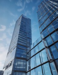 Glass and steel high-rise office building amidst clear blue sky, office high rise,  modern high rise,  glass and steel