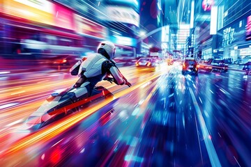 Fototapeta premium Futuristic night chase: police robot pursues in cyberpunk cityscape