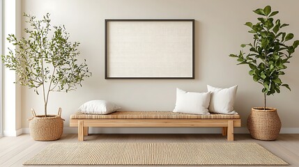 Minimalist home entryway with bench, plants, and blank artwork