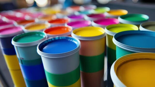 Many colorful paint cans are open and ready to be used in offset printing, creating a vibrant and colorful scene in a printing shop, showcasing the preparation process for high quality prints