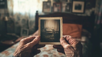 Elderly hands holding vintage photograph in nostalgic bedroom setting