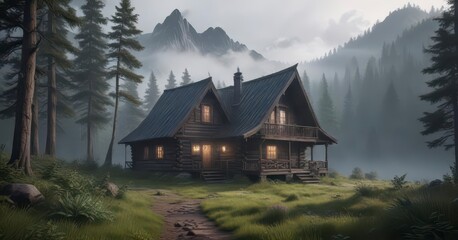Fototapeta premium Dark wooden cabin in a secluded clearing surrounded by misty mountains and dark greenery, darkness, rural, misty