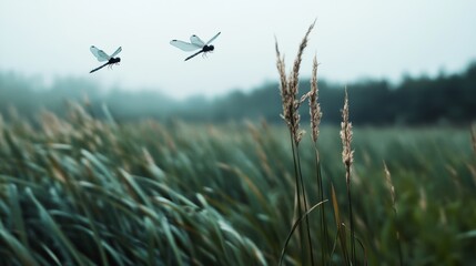 Obraz premium Two dragonflies hover gracefully over a windswept field under a misty sky, capturing a serene moment in nature.