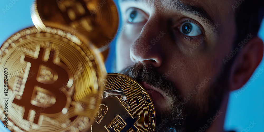Poster Man's Face and Multiple Bitcoin Coins