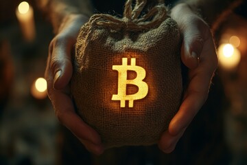 A glowing bitcoin symbol on a sack