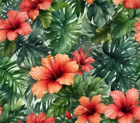 Hibiscus leaves with intricate patterns in watercolor style amidst lush tropical surroundings,  floral design, tropical plant,  leaf pattern