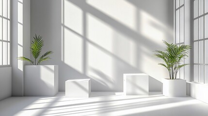 Minimalist white room with plants and display cubes.