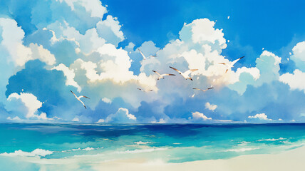 Obraz premium 大きな夏の雲、美しい青い海、鳥が行き交う日本の初夏の海。1980年、1990年代の古く懐かしい日本のアニメをモチーフにしたイラスト。柔らかな水彩タッチで描いている。スマートフォン9:16のアスペクト比